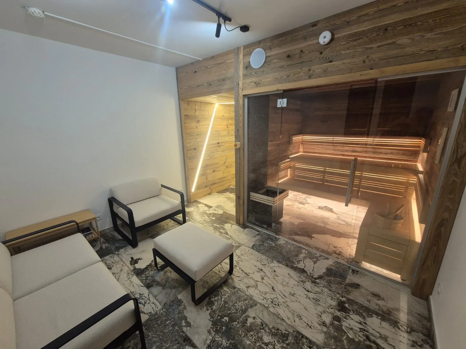 Intérieur moderne avec sauna en bois et fauteuils.